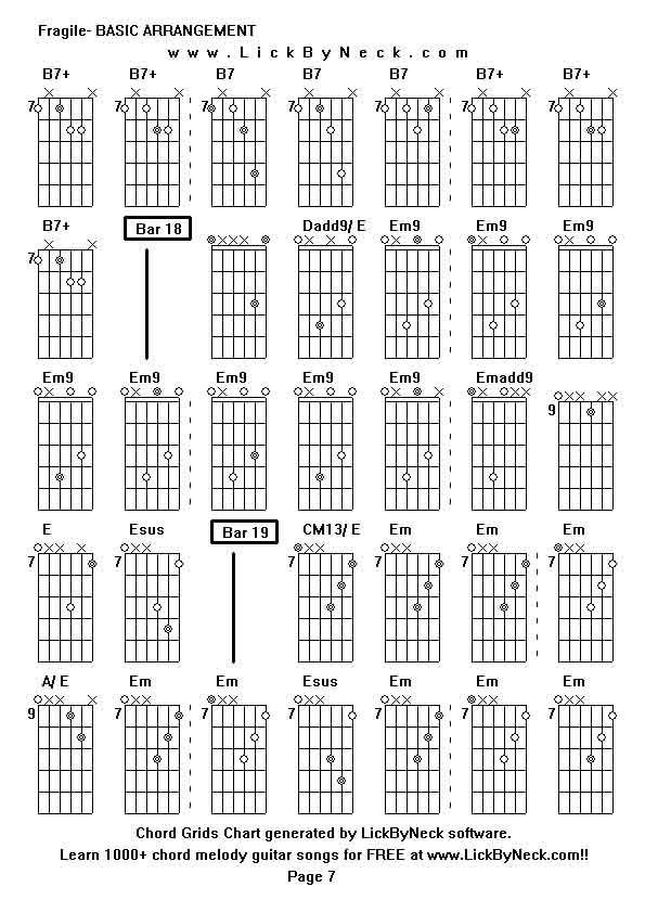 Chord Grids Chart of chord melody fingerstyle guitar song-Fragile- BASIC ARRANGEMENT,generated by LickByNeck software.